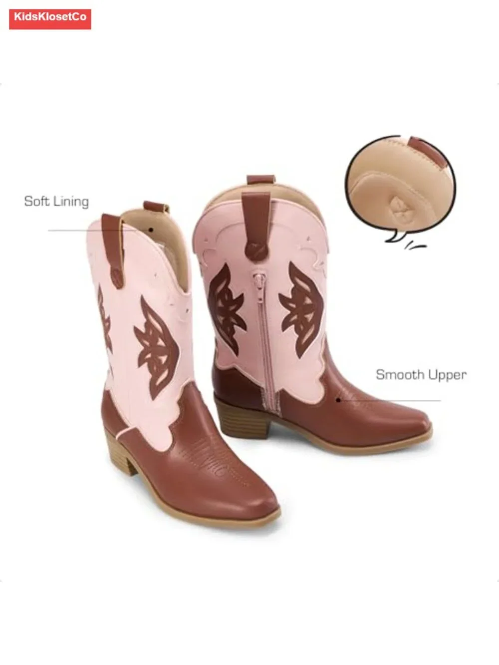 Girls Mid-Calf Cowboy Boots with Butterfly Embroidery, Faux Leather